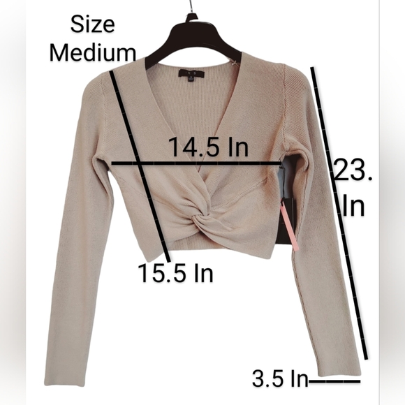 Women's Crop Sweater Taupe Knot Front Cropped V Neck Long Sleeve New - Picture 7 of 13
